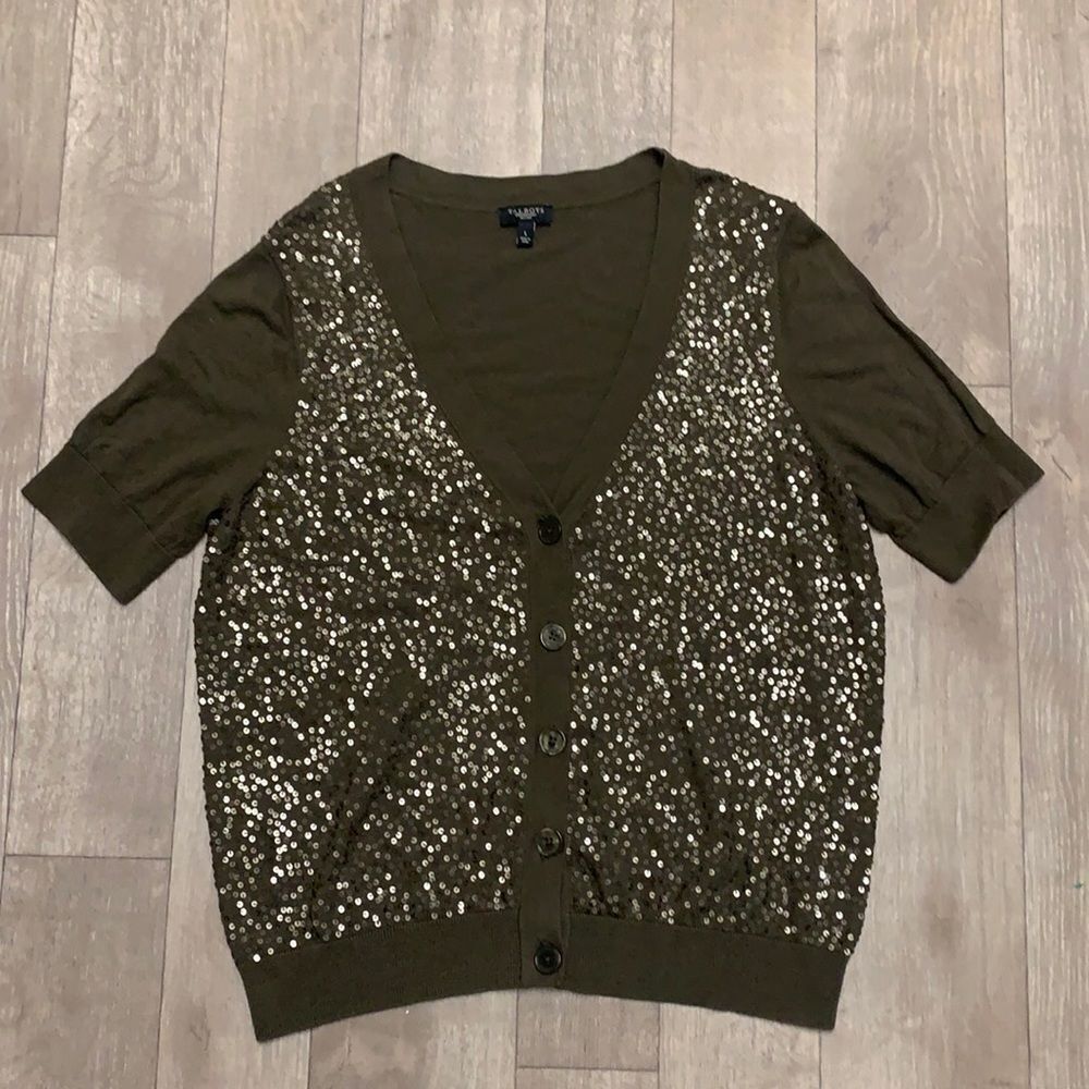 Womens‎ Talbots Sequin Ribbed Sleeve Cardigan V-Neck Shortsleeve Sweater